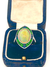 Load image into Gallery viewer, 18k WG Opal cabochon ring with emerald and sapphire (5.18 ct) halo and diamonds