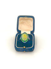 Load image into Gallery viewer, 18k WG Opal cabochon ring with emerald and sapphire (5.18 ct) halo and diamonds