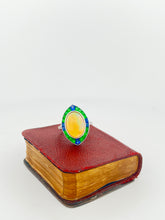 Load image into Gallery viewer, 18k WG Opal cabochon ring with emerald and sapphire (5.18 ct) halo and diamonds